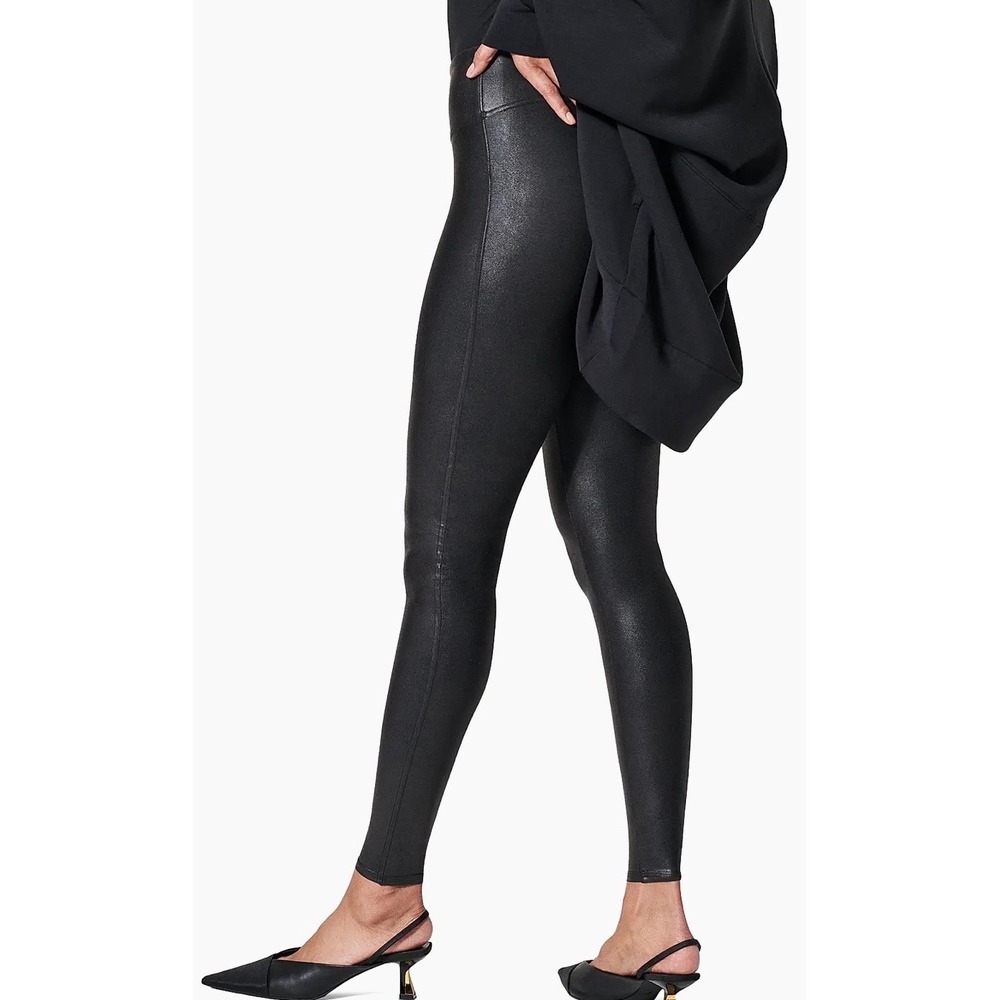 Spanx‎ Black Faux Leather Leggings Shaping Waistband High Rise LG Large 24312R